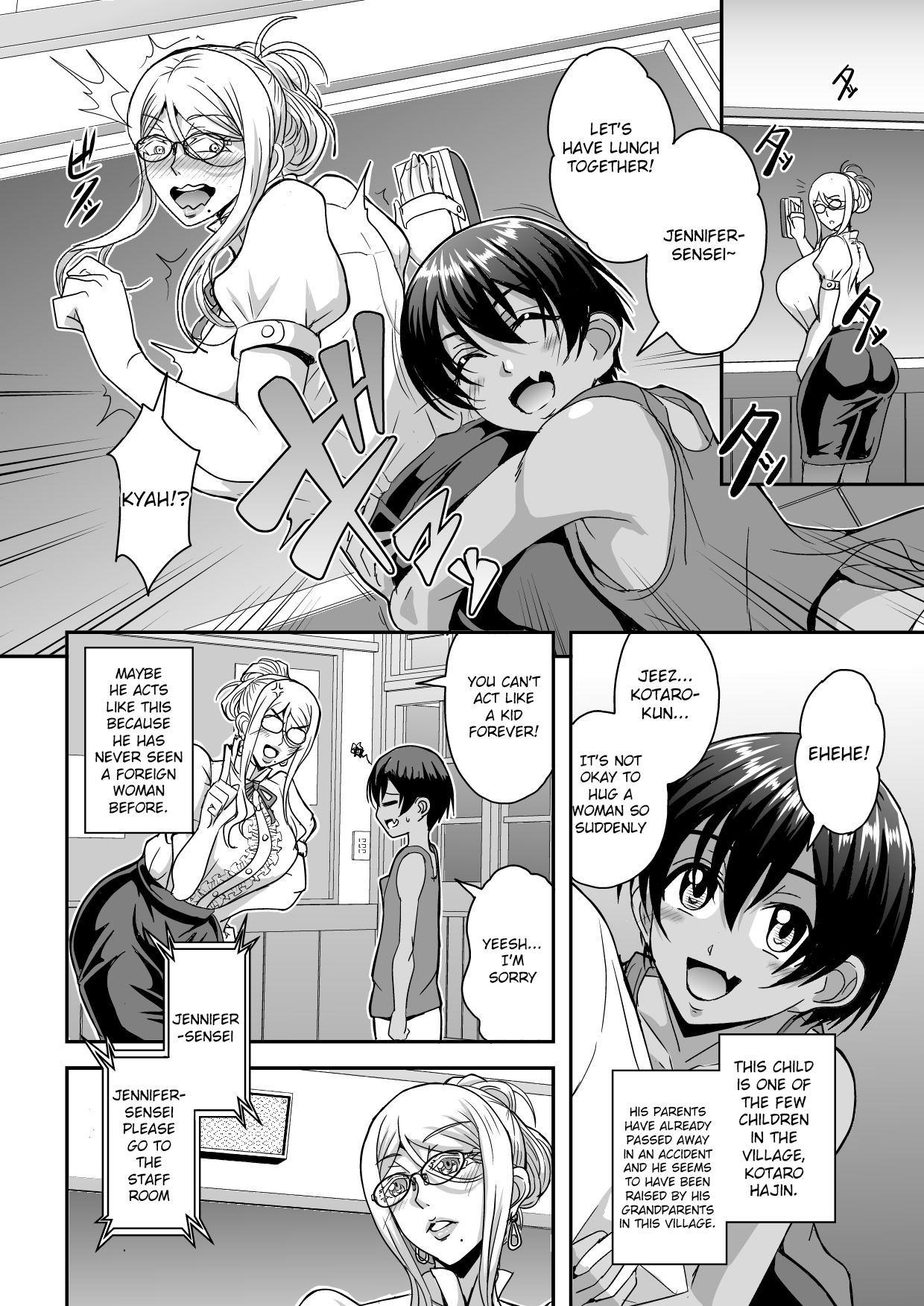 Bakunyuu Hitozuma Kinpatsu Gaikokujin Jokyoushi ga Mura no Inshuu de Kasshoku Shota no Fudeoroshi o Suru Hanashi Chapter 1 - page 3