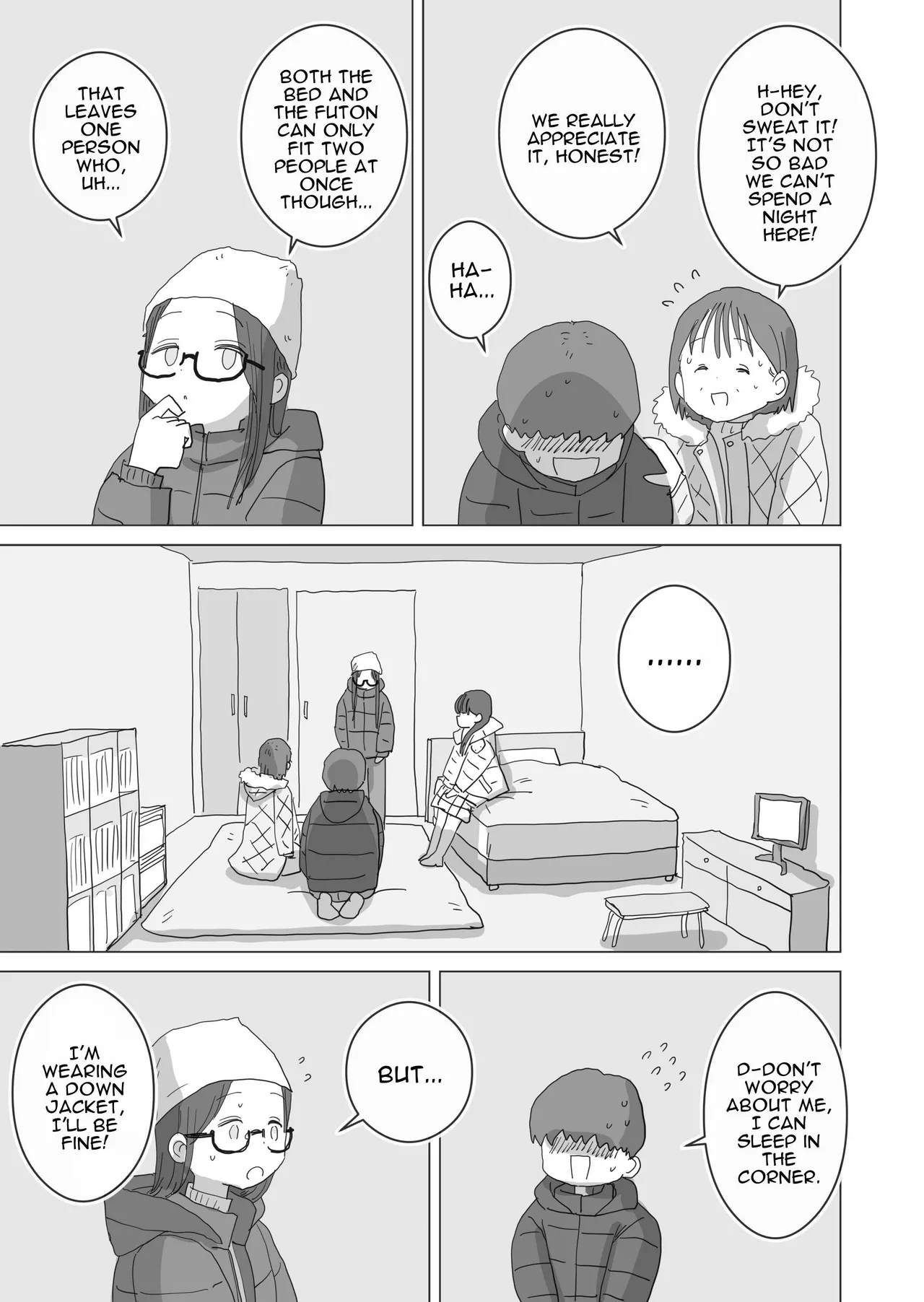 Aru Ooyuki no Tsumetai Yoru Boku no Ie no Futon no Naka de Beit-saki no Onnanoko-tachi ga Naisho de Micchaku Atatame Ecchi Shite Kureta Chapter 1 - page 10
